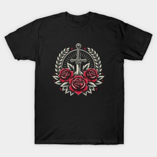 Medieval art - sword, laurel and roses T-Shirt